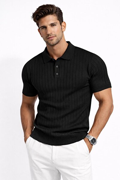 LUPERCUS Чоловіча футболка чорна з поло-коміром, трикотажна, з короткими рука...