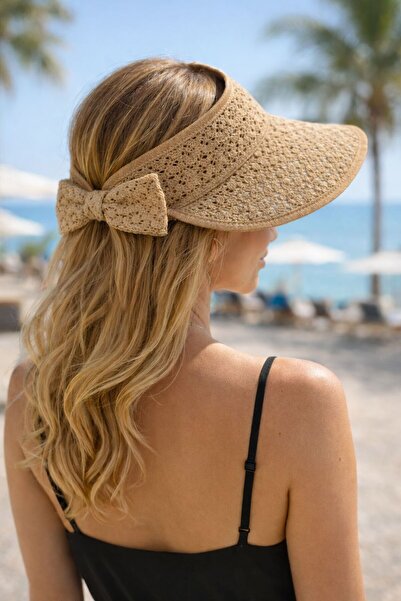 BALIENTE Camel Lace Piece Ribbon Detailed Adjustable Visor Straw Women's Hat