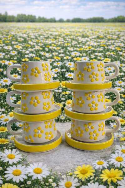 CEYU SERAMİK Papatya Çiçek Desenli Sarı Tabaklı 6 Kişilik Türk Kahvesi Kupa S...