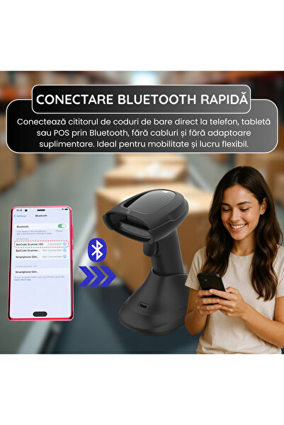 FAMIFY Scanner de coduri de bare 1D/2D/QR Wireless 2.4G Bluetooth USB cu scanare automată pentru POS, retail, depozite și inventar, negru
