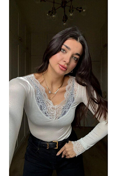 MetuCA Women's White V-Neck Lace Detailed Long Sleeve Stretchy Viscose Blouse