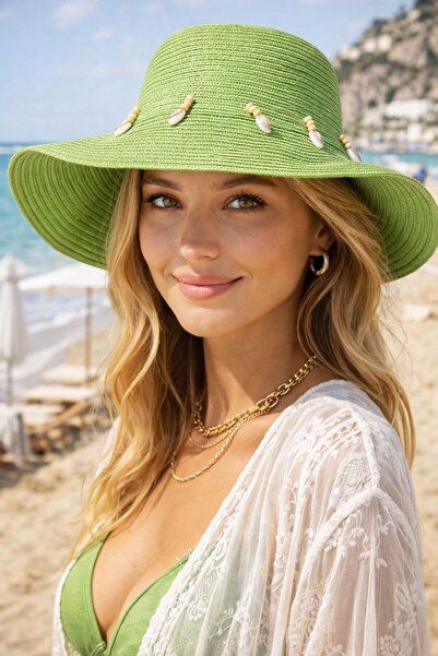 MARBERRY Pălărie rotundă de damă din paie cu detaliu de scoici verzi