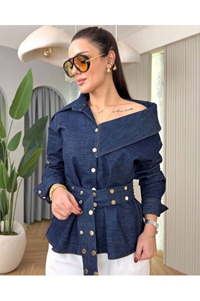 LOKADI Asymmetrical Collar Metal Buttoned Denim Jacket - Waist Length Tie-Det...