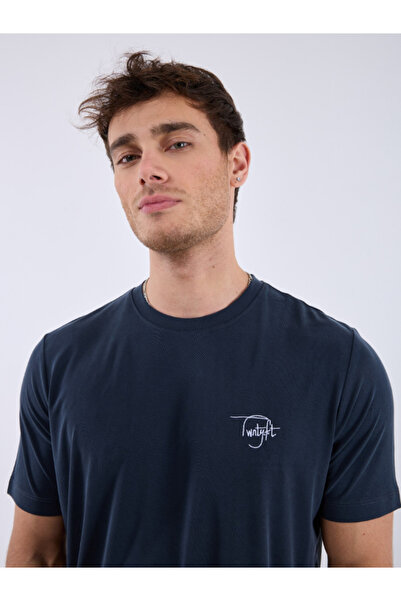 Chirkef Unisex Navy Blue Oversized 100% Cotton Front Text Detailed Crew Neck ...