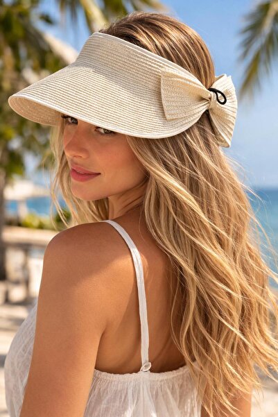 BALIENTE Bež šešir sa otvorenim vrpcom, detaljnim podesivim vizirom i slamnat...