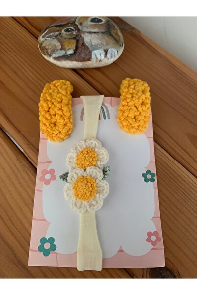 Mamanne Colletion El örgü papatya saç bandı &2 li toka seti