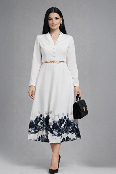 Abad فستان تركي أوف وايت ناعم من الكريب بحزام أنيق