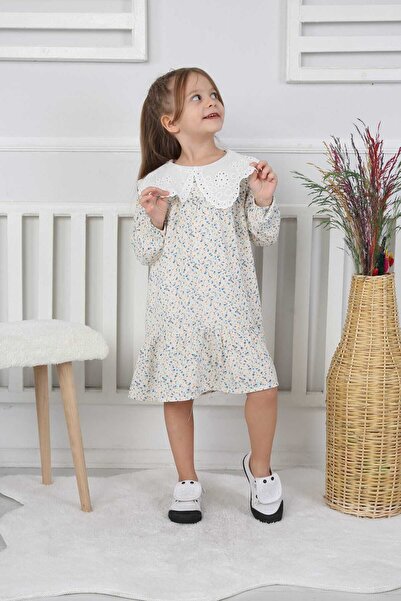 Butik فستان للفتيات بياقة بنقشة زهور تطريز مثقوب لوكس - فستان للفتيات بأكمام ...