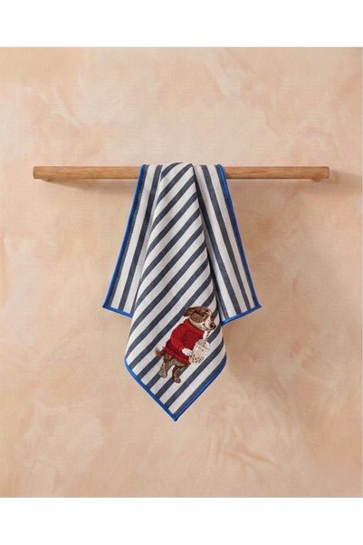 LİONYA DESİGN Dog Figure Embroidered Decorative Hand Towel – 100% Cotton , Striped Linen Textured (30X45)