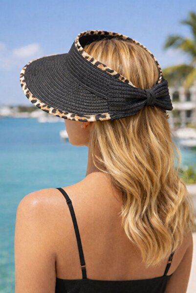 MARBERRY Black Leopard Striped Ribbon Detailed Adjustable Visor Straw Women's...