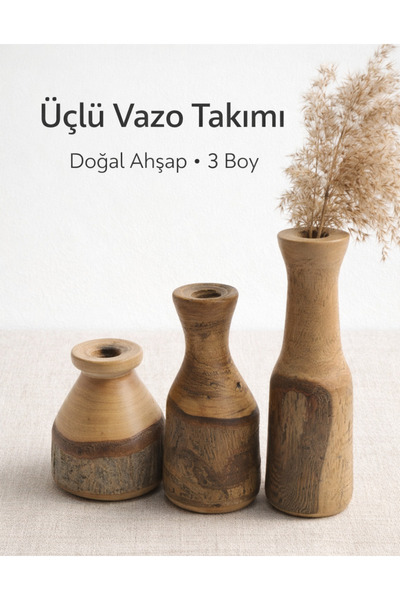 maison linden El Yapımı Ceviz Ağacı Dekoratif Vazo Seti – Doğal Kabuklu Rusti...