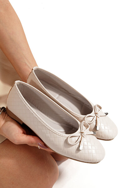 PAYZİN Πλεκτό από δέρμα Μπαλαρίνα με Στρογγυλή μύτη κλειστούς φιόγκους μουστά...