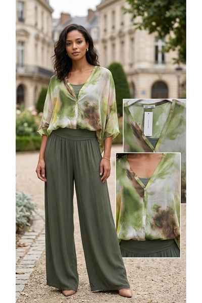 Rabiossa Women's Italian İ Silk Collar Buttoned Patterned Piece Set