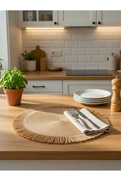 Mutfika 38 x 38 cm 6'lı Bohem Tarz Püsküllü Örme Servis Takımı, Şık ve Renkli...