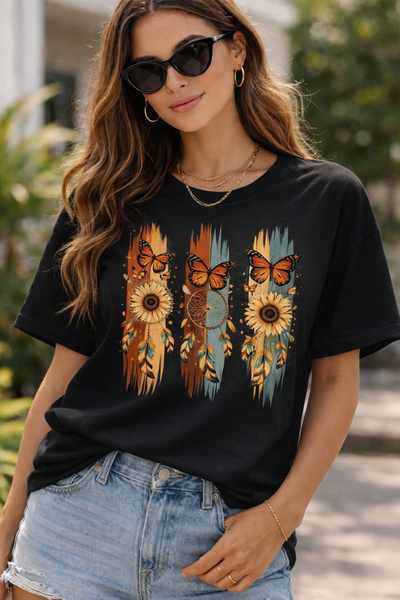 ArtYus Tricou Bohemian Sunflower and Butterfly cu imprimeu – Unisex supradime...