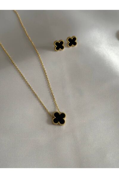 ANGELSS JEWELLERY Çelik Çift Tarflı Gold-Siyah Yonca Model Kolye ve Küpe Seti...