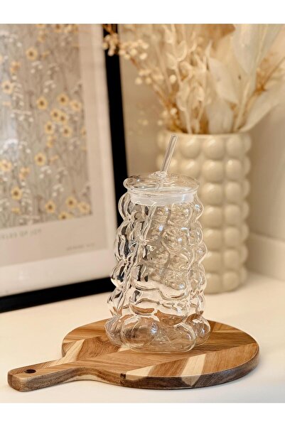 Hestia Home Glass Cold Drink Cups with Straws Bubble 550 ml