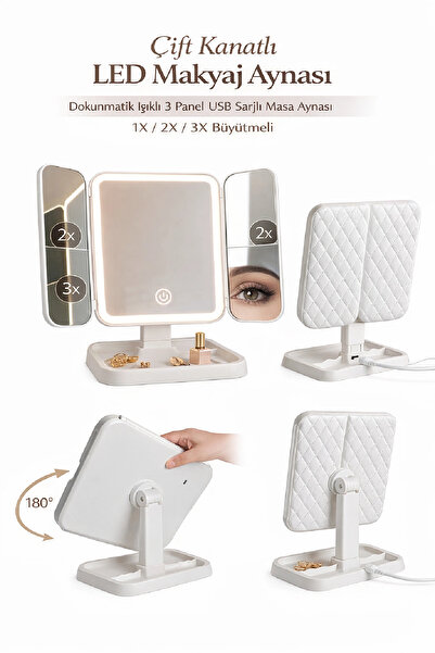 Berdina Home Çift Kanatlı LED Makyaj Aynası Dokunmatik Işıklı 3 Panel 1X 2X 3X Büyütmeli USB Şarjlı Masa Aynası