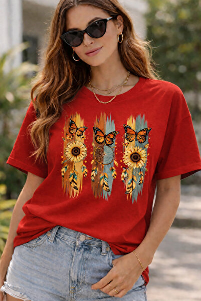 ArtYus Bohemian Sunflower & Butterfly Printed T-Shirt – Unisex Oversized Crew...