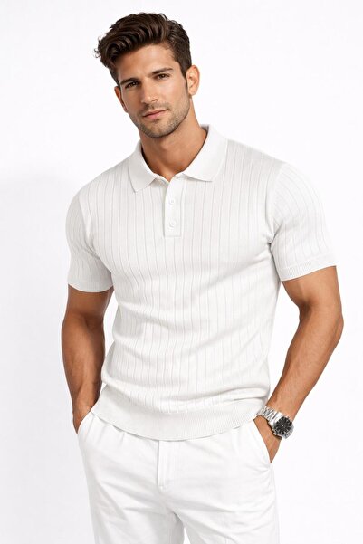 LUPERCUS Чоловіча футболка біла з поло-комірцем, трикотажна, з короткими рука...