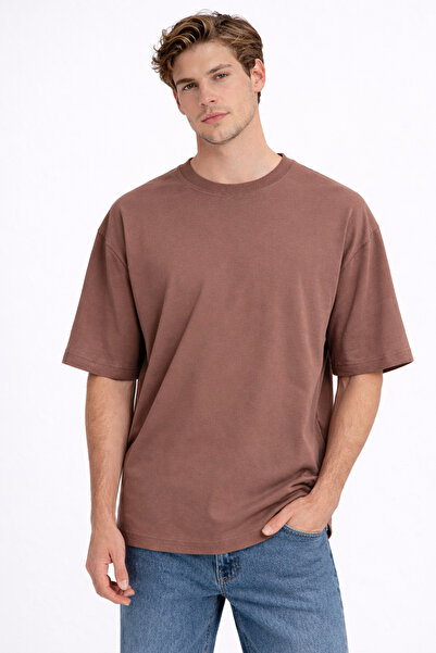 KAREL BUTİK Erkek Oversize Fit %100 Organik Pamuk Kalın Dokulu Bisiklet Kahve...