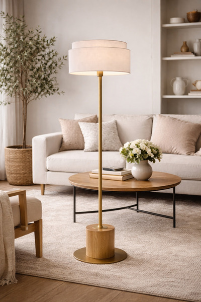 Vinner Atelier Naturel Ahşap Kaideli Bronze Gövdeli Modern Lambader Çift Katm...