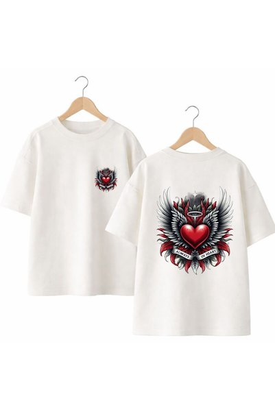 playwear Тениска с щампа на сърце, крила, гръб и гърди, 100% памук, овърсайз,...