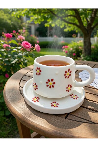 evinbizden كوب/فنجان مزخرف يدويًا من PAPATYA منقوش مع طبق مزخرف بالزهور منقوش...