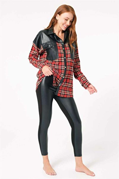 civetta Cotton Pcs Plaid Snap Fasteners Long Sleeve Pocketed Shirt and Leathe...