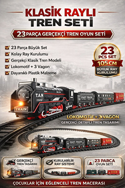 YILDIRIM OYUNCAK Pilli Işıklı 23 Parça Klasik Raylı Tren Seti | 105 CM Lokomo...