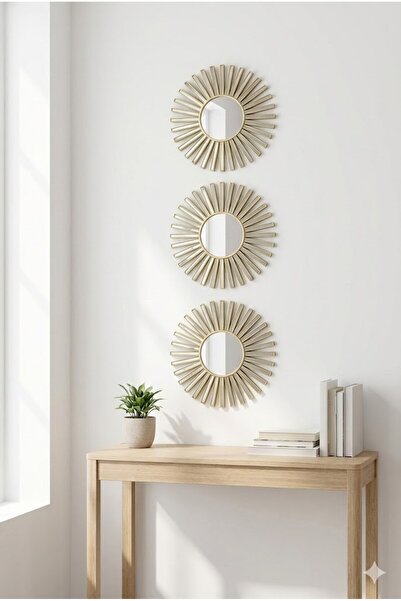 Cetiner Group 3’lü Gold Güneş Desenli Duvar Aynası Seti 25 cm | Dekoratif Yuv...