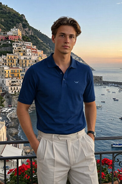 DAMGA JEANS Men's Basic 100% Cotton Blue Polo Neck T-Shirt