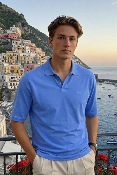 DAMGA JEANS Men's Basic 100% Cotton A.Blue Polo Neck T-Shirt