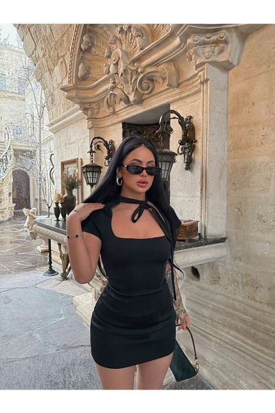 chize Zippered Scuba Fabric Shorts Dress with Bow Tie Detail at the Neck