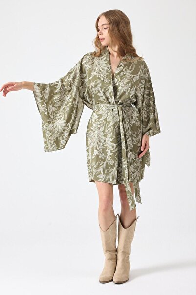 ZALİV Desenli Kimono Elbise Kuşaklı Kadın Elbise