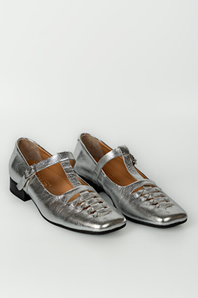 ERS Air Comfort Gümüş Hakiki Deri Örgülü Kare Burunlu Şık Atkılı Babet