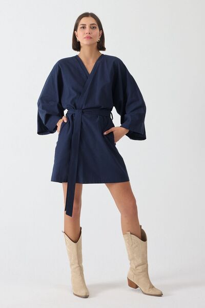 ZALİV Siyah Kimono Kol Elbise Kuşaklı