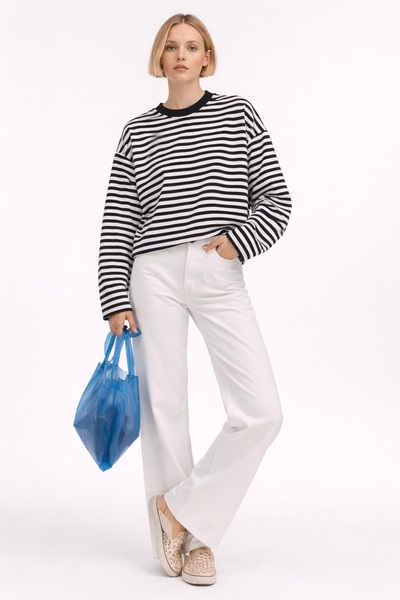 Sabaki Kadın Siyah Beyaz Çizgili Oversize Uzun Kollu Tişört