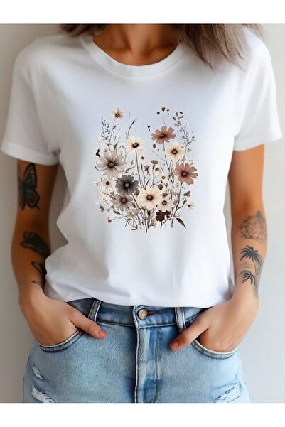 Vordevia Cu flori sălbatice cu imprimeu Alb supradimensionat Unisex tricou ba...