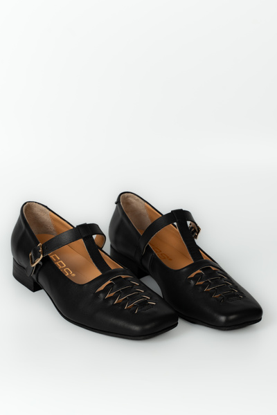 ERS Air Comfort Siyah Hakiki Deri Örgülü Kare Burunlu Şık Atkılı Babet