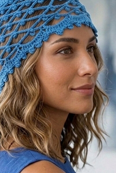ZEYZON Hand Knitted Perforated Crochet Blue Bandana – H Lightweight Hair Acce...