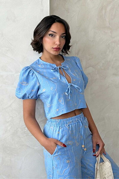 VERYMODA Embroidered Front Tie Blouse - Light Blue |   D2790