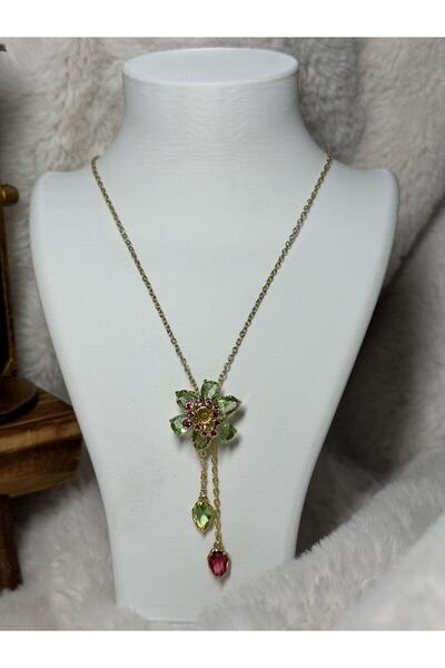 RİAÇANTA&TAKI Çiçek Model Yeşil Taşlı Sallantılı Çelik Kolye – Kadın Zarif ve...