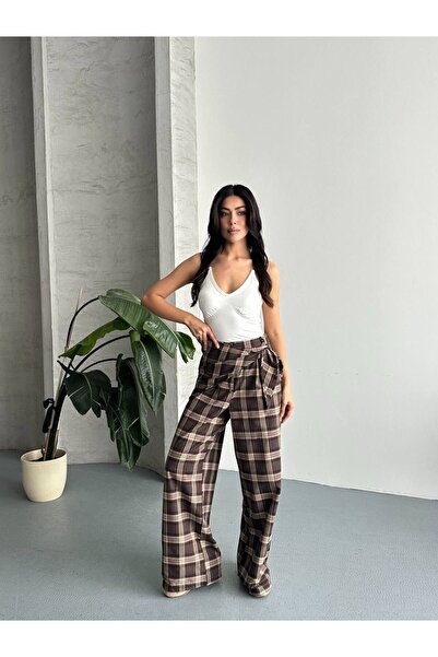 LUNES Fular Detaylı Ekoseli Tailored Fit Pantolon