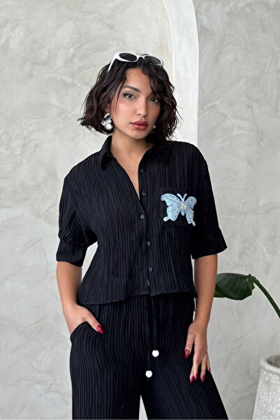 VERYMODA Πουκάμισο με πιέτες και λεπτομέρεια πεταλούδας - Μαύρο |   D2782