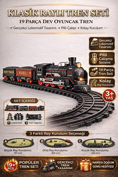 YILDIRIM OYUNCAK 19 Parça Pilli Işıklı Klasik Raylı Tren Seti | Lokomotif ve ...