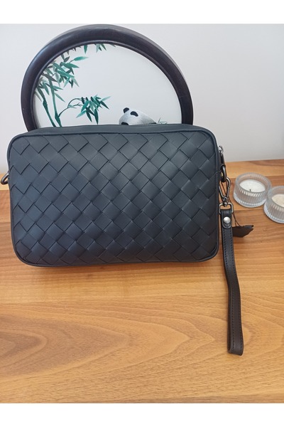 ARDSU Men's Black Leather Braided Bag