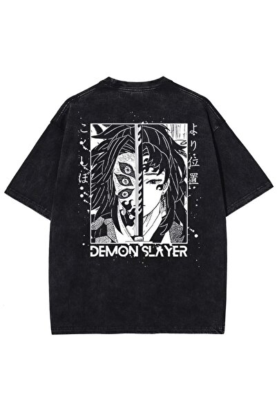 LAYORA Tricou pentru femei bumbac 100% Demon Slayer Anime cu imprimeu supradimensionat negru lavabil Streetwear