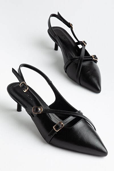 LEVONYA Pera Women's Black Belt Detail Open Back Heeled Shoes