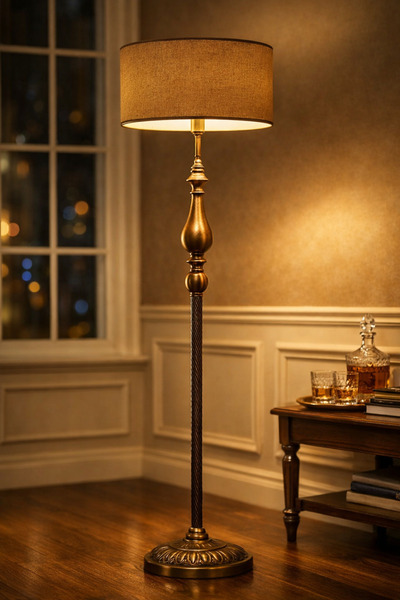 Vinner Atelier Bronze Gövdeli Klasik Lambader – Çuval Dokulu Bej Şapkalı Deko...